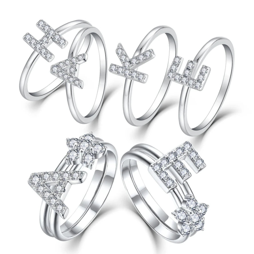 Personalized Initial Letter A-Z Cubic Zirconia & Flower Design 925 Sterling Silver Rings Set for Women