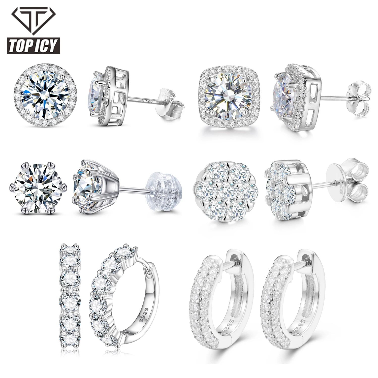 Luxury 925 Sterling Silver VVS D Moissanite Stud Earrings Classic Screw Back Multi-Style Jewelry for Men and Women