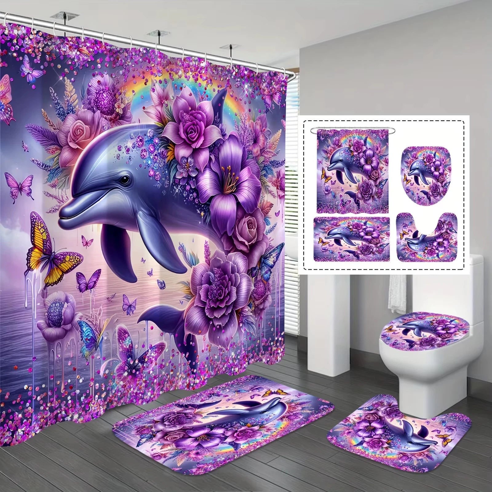 Glitter Dolphin Shower Curtain Set Gorgeous Floral Shower Curtain Bathroom Decor with Non-slip Bathroom Rug