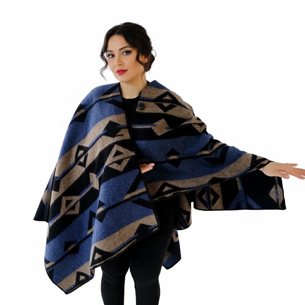 Exve Exclusive Blue Beige Black Ethnic Patterned Non-Pilling Wool Shawl Warm Unisex Winter Poncho for Camping Men Women Turkey