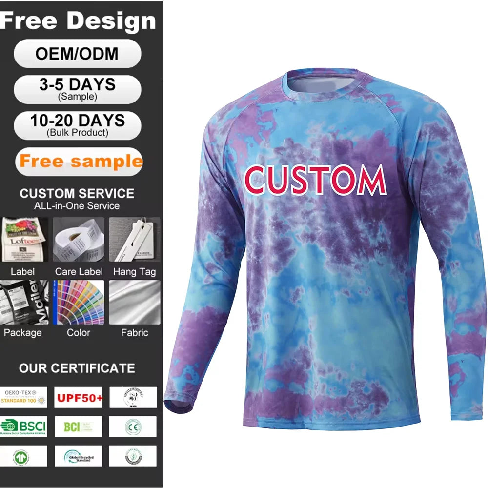 Wholesale Custom Sublimation Printed Polyester Blend Lightweight Waterproof Upf50+ Long Sleeve Fishing Wear Fishing Shirts Men