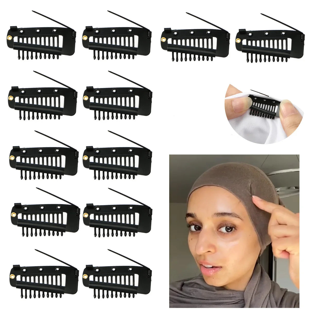 12Pcs/Set Wholesale Metal Black Color Hair Accessories Safety Hijabs Pins for Hijab Black 10-Teeth Metal Wig Snap Clips