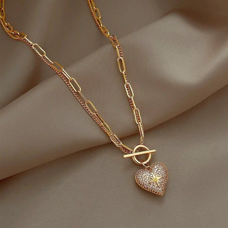 Waterproof Hypoallergenic Stainless Steel Diamond Heart Double Layered OT 18K Gold Fashionable Necklace Jewelry for Women