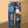 Cross-Border Fall Trendy Women's Denim Pants - Printed Distressed Slim-Fit Non-Stretchy Western Straight-Leg Comfort Casual