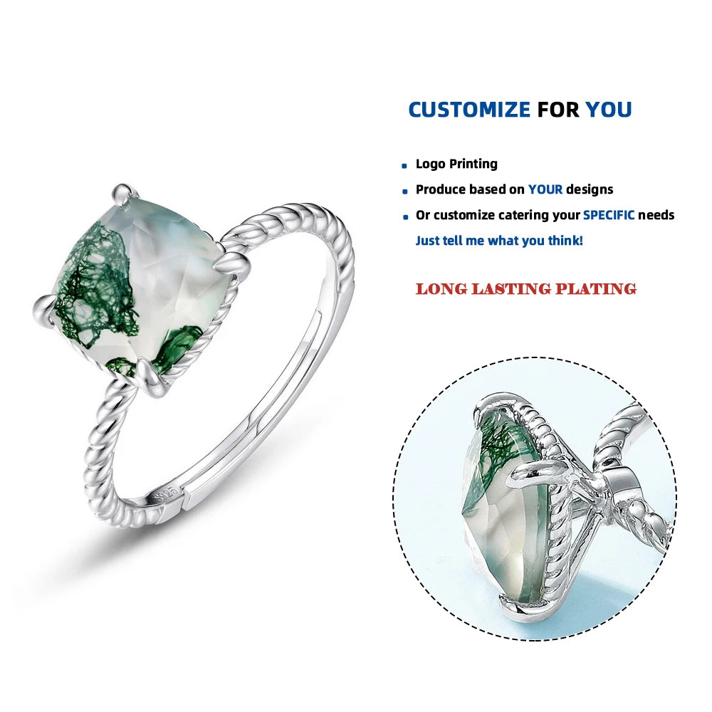 R005892-L 925 Sterling Silver Open Rings for Women square Natural Green Moss Agate Jewelry Engagement Gifts Simple Style
