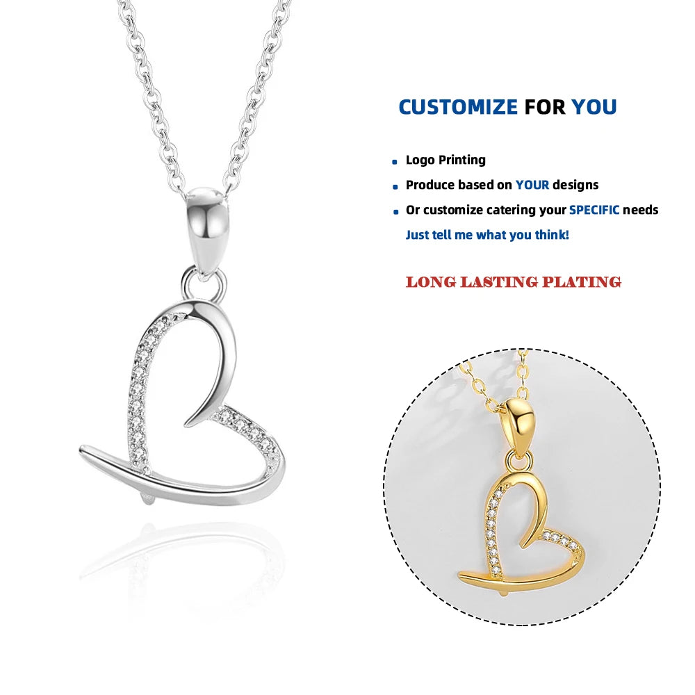 D316 925 Sterling Silver Women's Necklace Heart Pendant Zircons Love Charm Choker Elegant Women