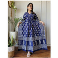 Custom Made Ethnic Floral Print Cotton Kaftan Dress V-Neck Waist Tie Lightweight Breathable Straight Floor-Length Summer