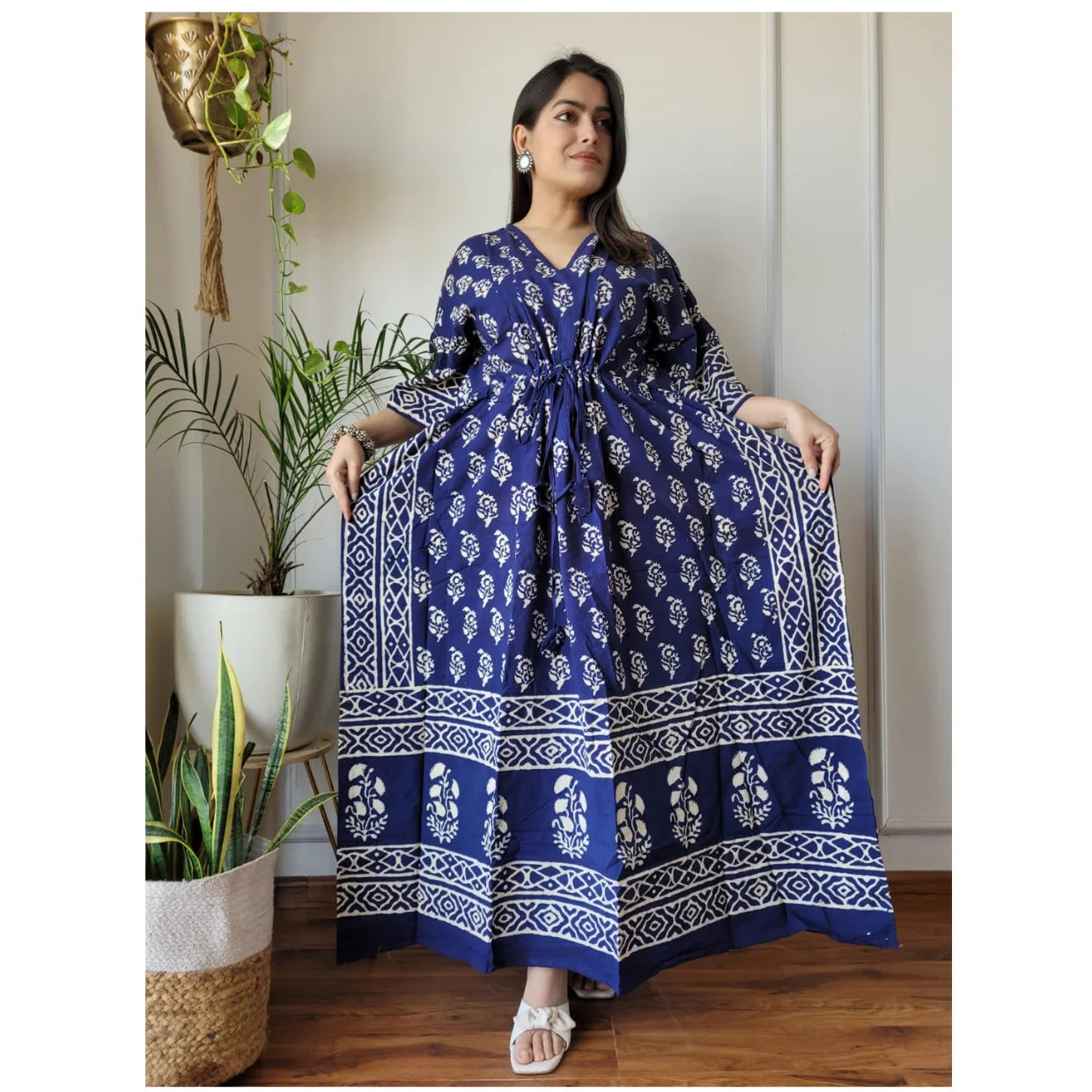 Custom Made Ethnic Floral Print Cotton Kaftan Dress V-Neck Waist Tie Lightweight Breathable Straight Floor-Length Summer