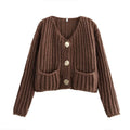 New EU/US Style Women's Autumn Winter Street Fashion Knit Coat - Crew Neck Chunky-Knit Short Length Metal Button-2