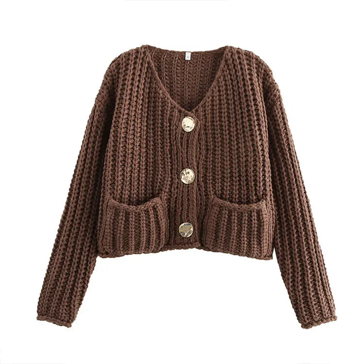 New EU/US Style Women's Autumn Winter Street Fashion Knit Coat - Crew Neck Chunky-Knit Short Length Metal Button-2