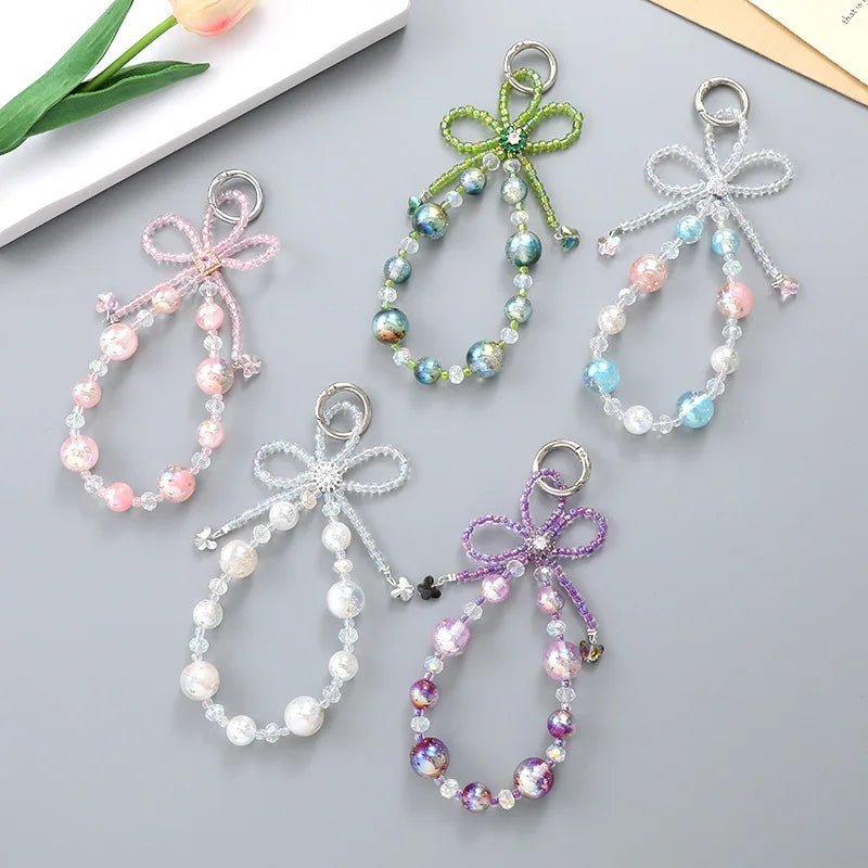 NEW Butterfly Pearl Bow Beaded Mobile Phone Chain Anti-Lost Phone Lanyard Butterfly Knot Wrist Band Keychain Pendant