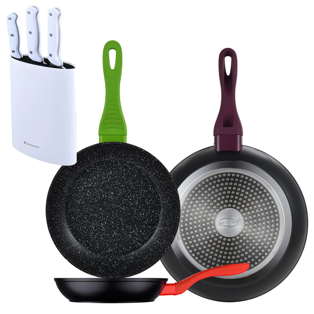 Set of 3 San Ignacio 20/24/28 forged aluminum frying pans induction compatible + Set of 3 knives with stainless steel handles