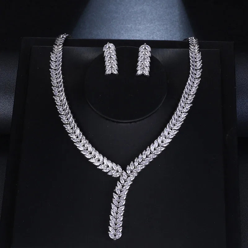 Wholesale Religious Peace Engagement Wedding Brass Cubic Zircon Rhinestone Necklace Earrings Sets for Women