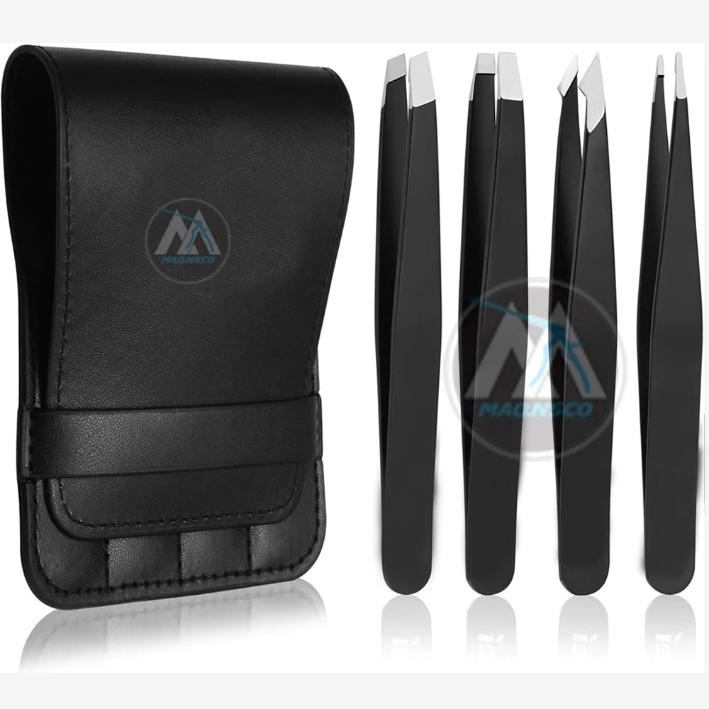 Professional Stainless Steel Eyebrows Tweezers Set Great Precision Facial Hair Splinter Ingrown Hair Removal Tool Pliers (Black)