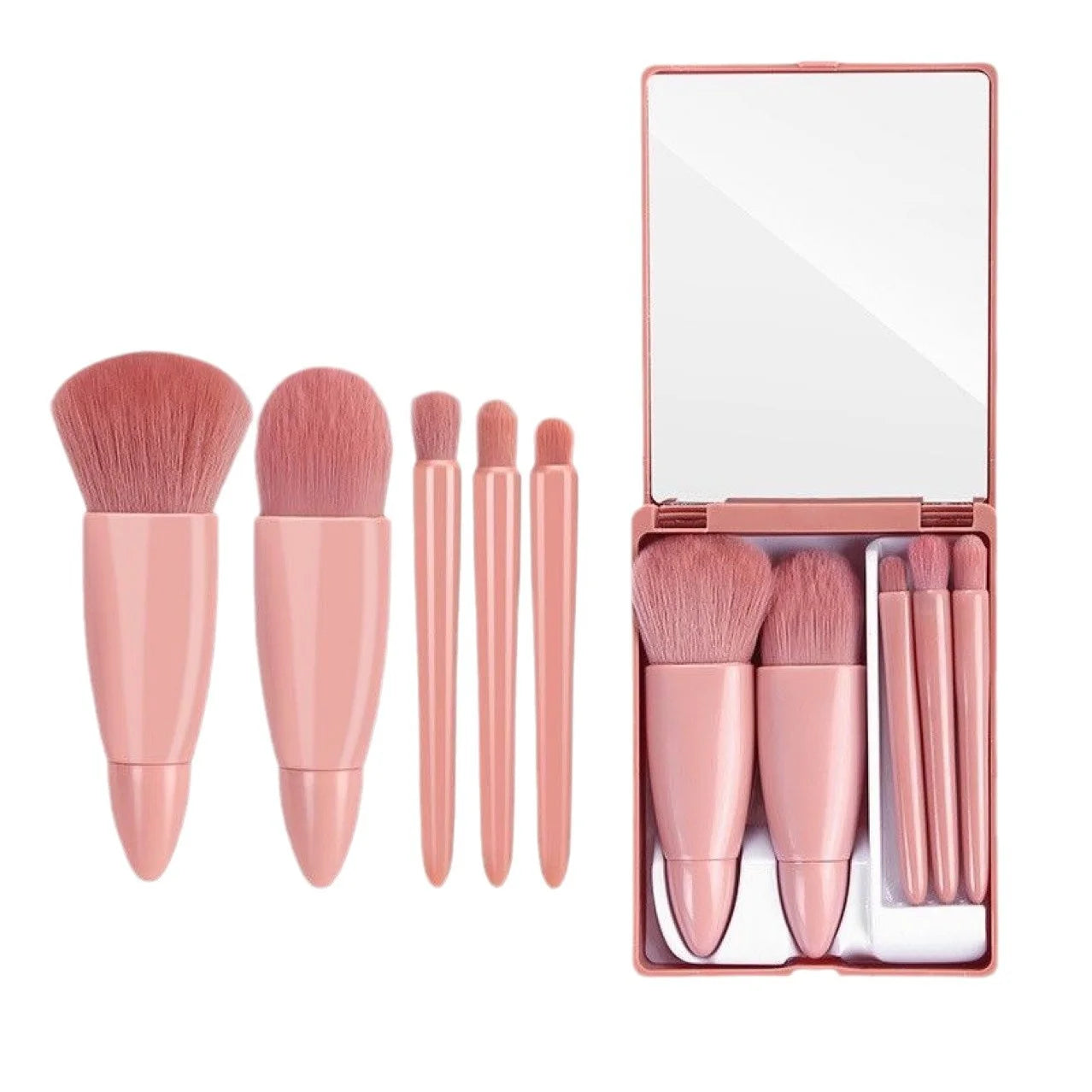 Skylark On-the-Go Beauty Magic Box 5-Piece Portable Mirror Case Cosmetic Brush Set Flat Smudge & Lip Liner Cheek Blusher