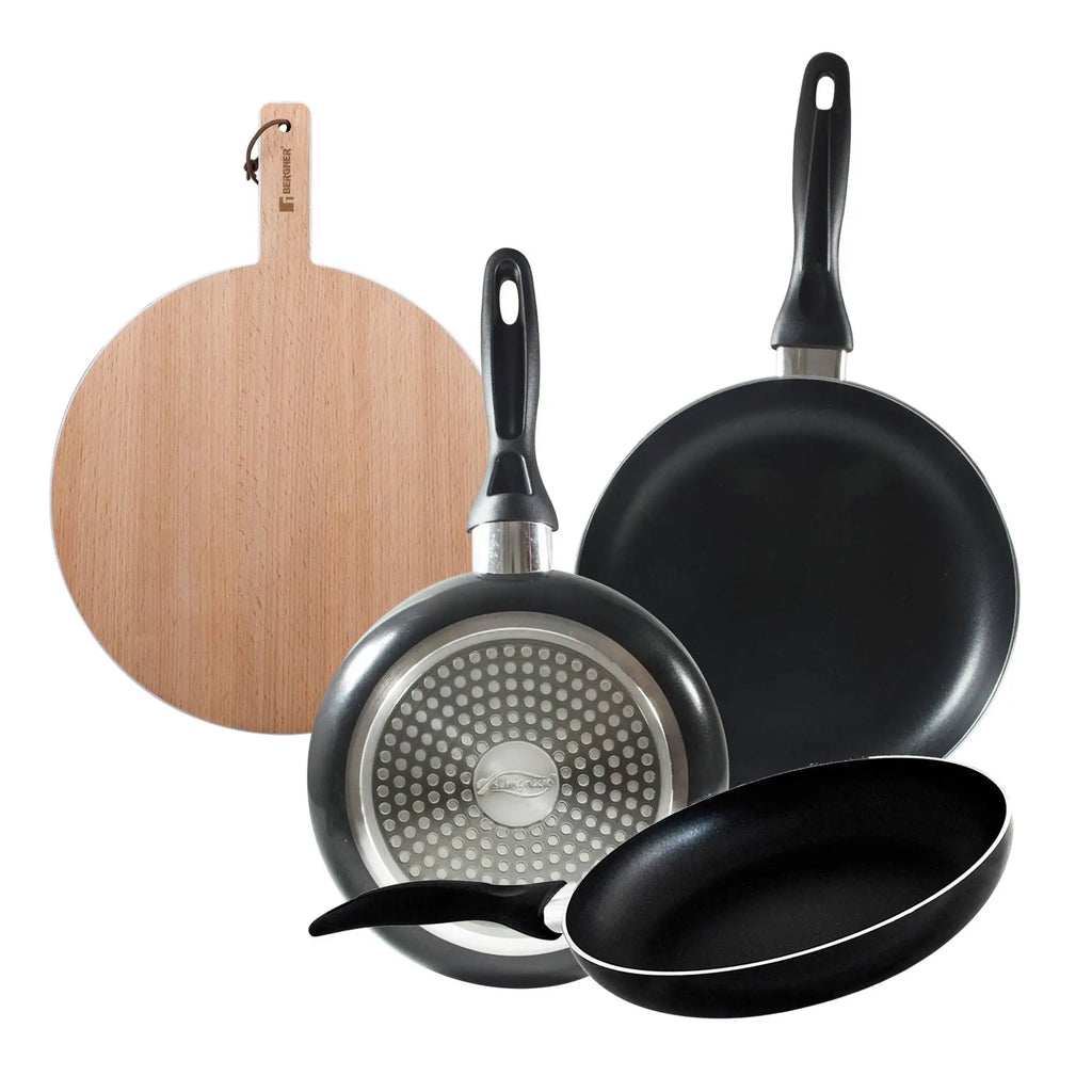 Set of 3 San Ignacio frying pans (16 20 24cm) pressed aluminum suitable for induction + Round cutting board 38x28x1.5cm in