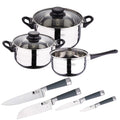SIP 5-piece cookware set (saucepan + two pots with glass lids) and 4-piece kitchen knife set: Chef Santoku Multipurpose and