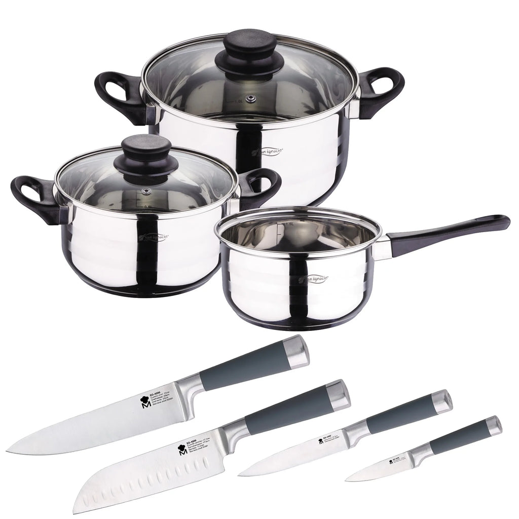 SIP 5-piece cookware set (saucepan + two pots with glass lids) and 4-piece kitchen knife set: Chef Santoku Multipurpose and
