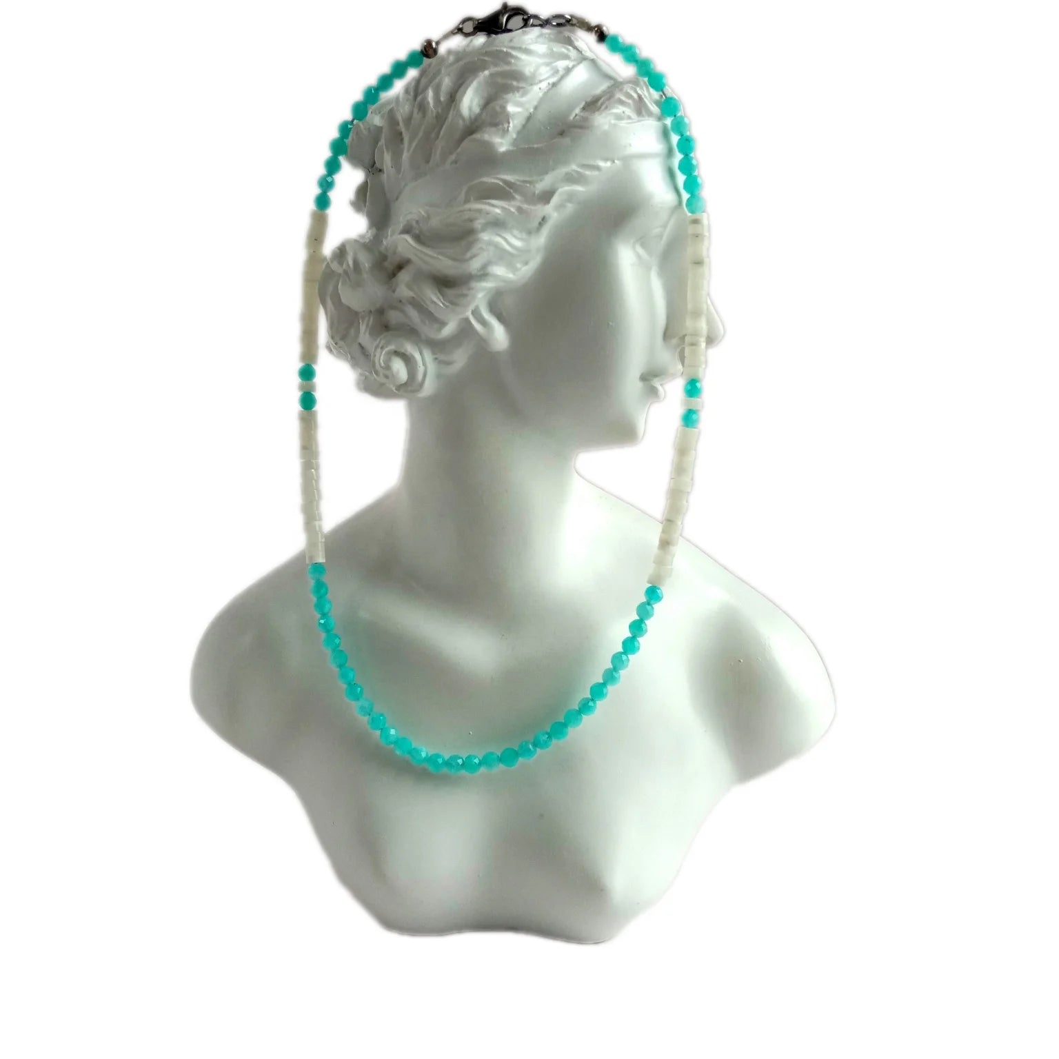 Natural blue Amazonite and white mop 925 Sterling Silver gemstone beads Necklace