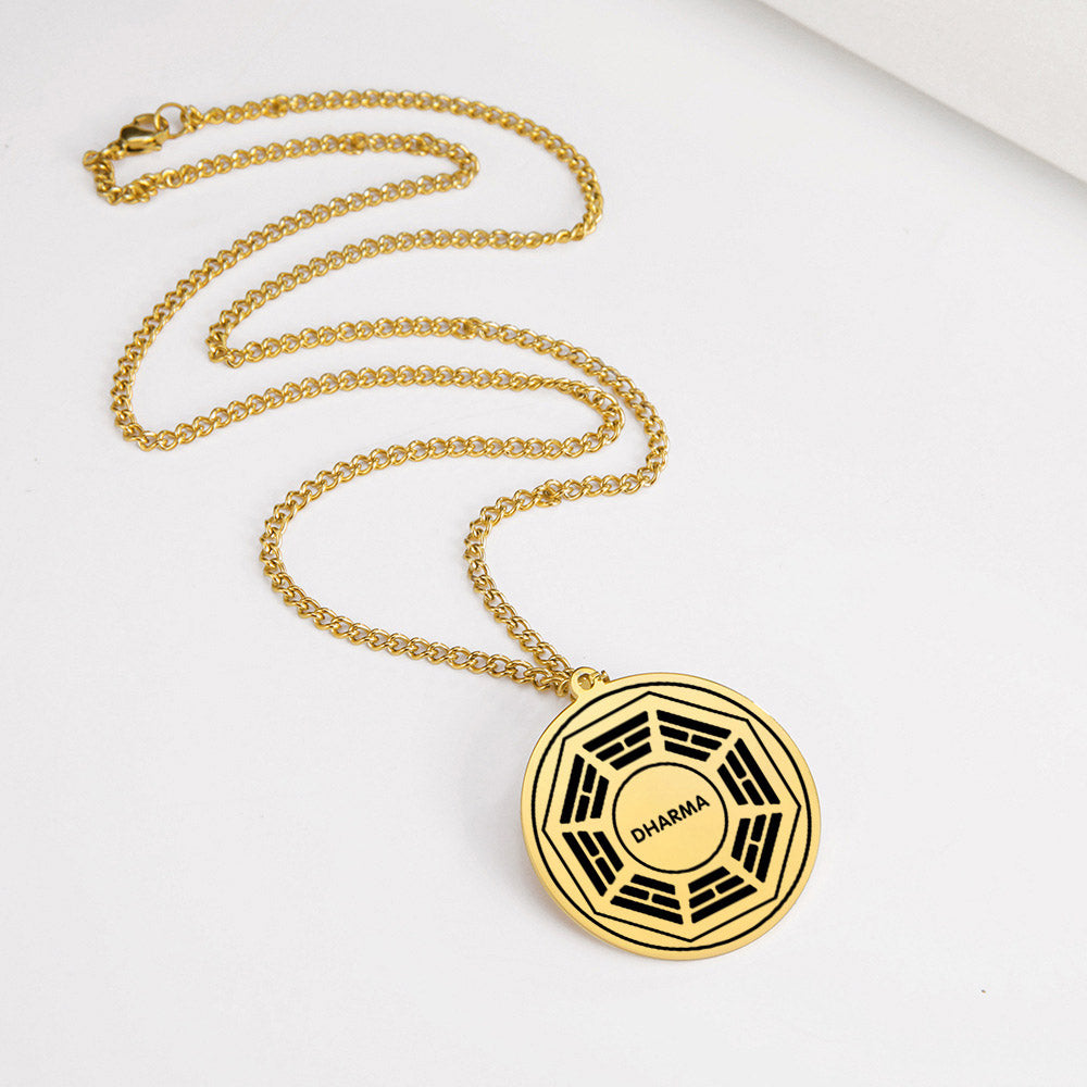 Religious Gold Plated Stainless Steel Chinese Symbols Bagua Eight Trigrams Peace Link Chain Pendant Necklace Wholesale