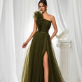 Jancember LSMZ77 Sexy One Shoulder Army Green Party Prom Women's Dresses with Slit