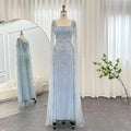 Jancember SZ497 Elegant Square Collar Blue Evening Prom Dresses With Cap Sleeve