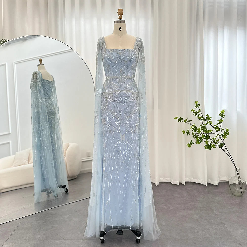 Jancember SZ497 Elegant Square Collar Blue Evening Prom Dresses With Cap Sleeve