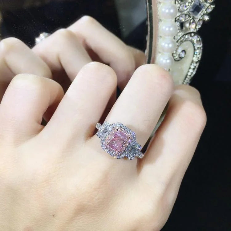 Luxury Sterling Silver Wedding Ring Fancy Radiant Iced Cut Pink Cubic Zirconia Diamond Best Engagement Halo Direct Wholesale