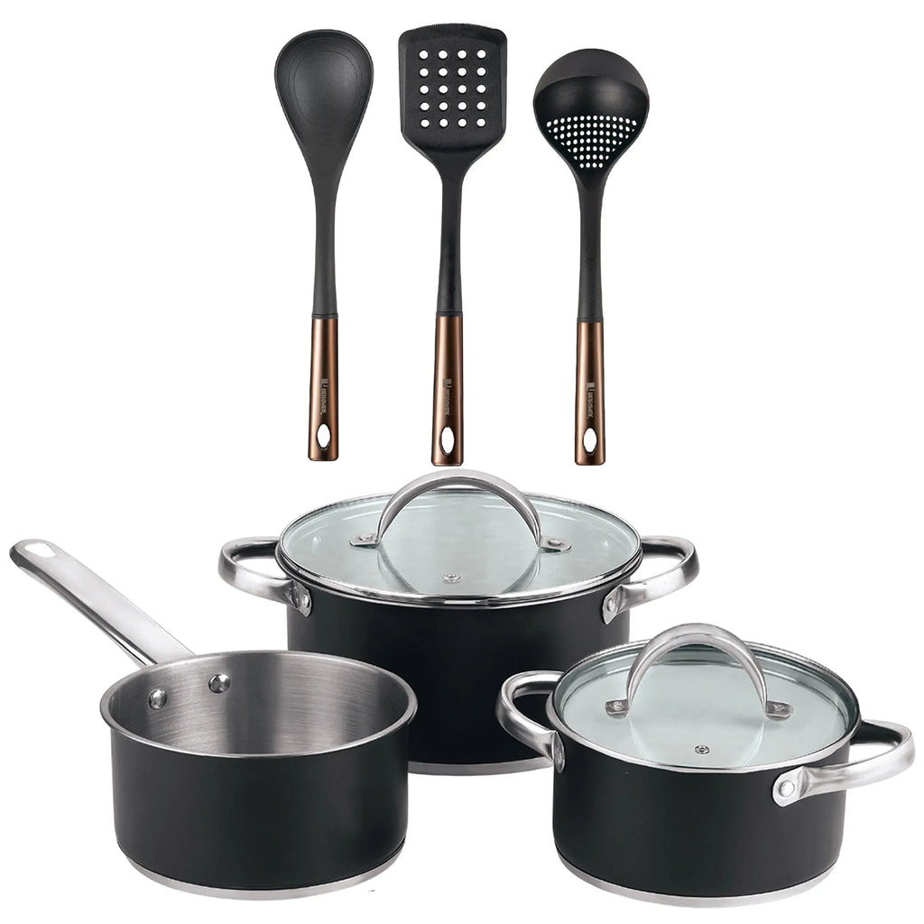 5-piece cookware set (2 saucepans with lids + saucepan) stainless steel with coating + Bergner Copper 3-piece kitchen utensil