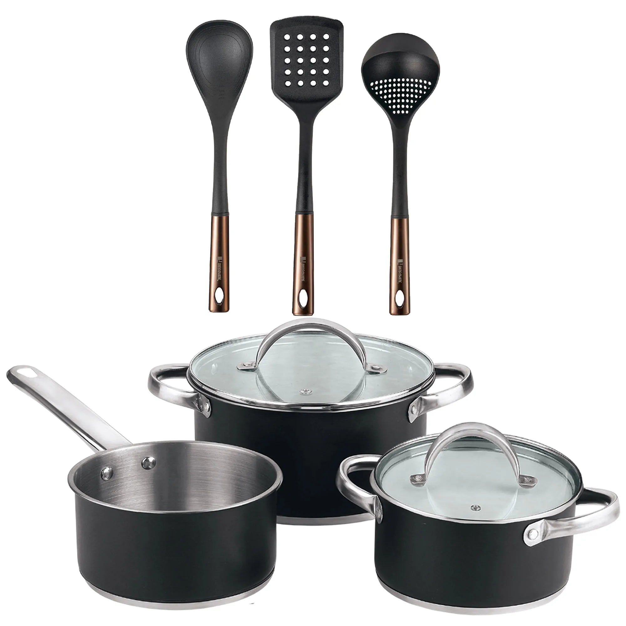 5-piece cookware set (2 saucepans with lids + saucepan) stainless steel with coating + Bergner Copper 3-piece kitchen utensil