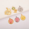 QIKU Gold Palm Tree & Sunflower & Enamel Birthday Pendant Trendy Holiday Charm for DIY JewelryNecklace Making