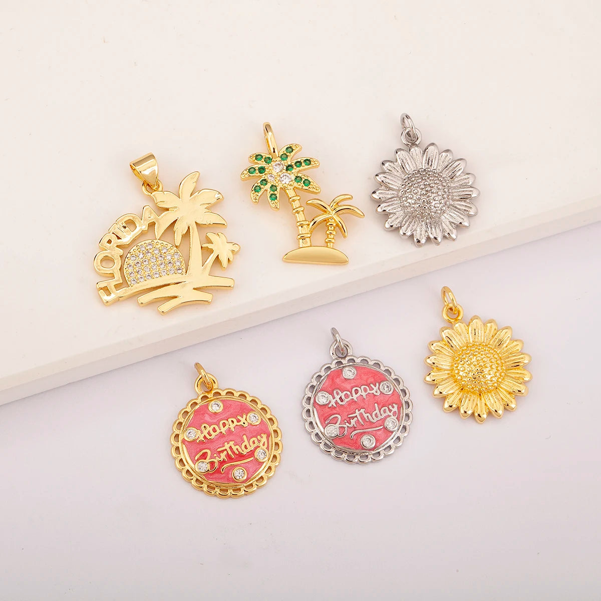 QIKU Gold Palm Tree & Sunflower & Enamel Birthday Pendant Trendy Holiday Charm for DIY JewelryNecklace Making