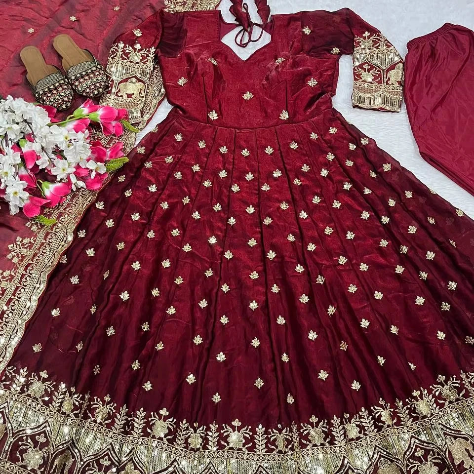 Designer Alia Cut Anarkali Gown Bottom Duppta Heavy Silk 5mm Sequence Embroidery for Diwali Weddings Parties Ankle-Length