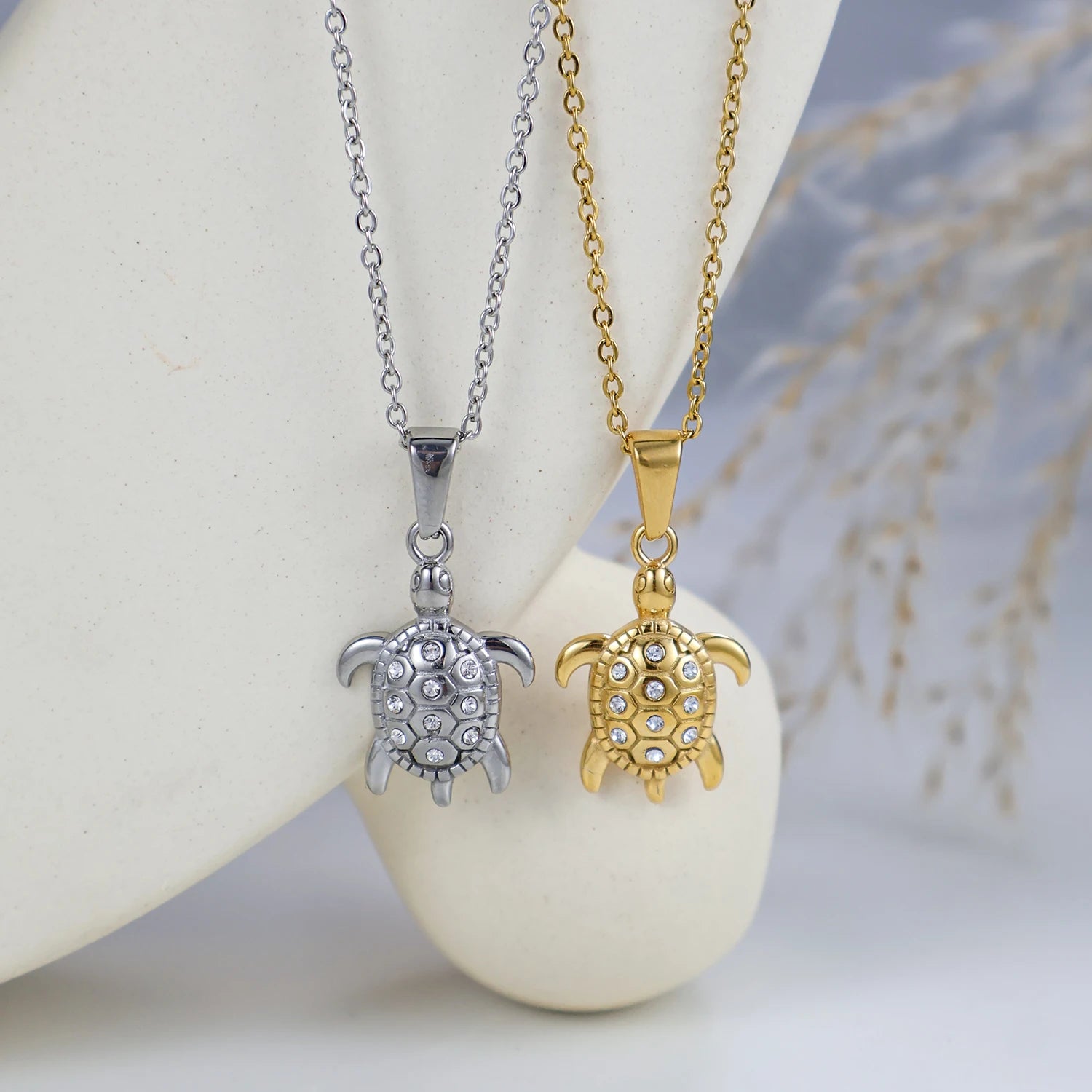 Waterproof Stainless Steel Tortoise Pendant Necklace Gold Plated  Necklace Zirconia Stone Sea Turtles Pendant Religious Jewelry