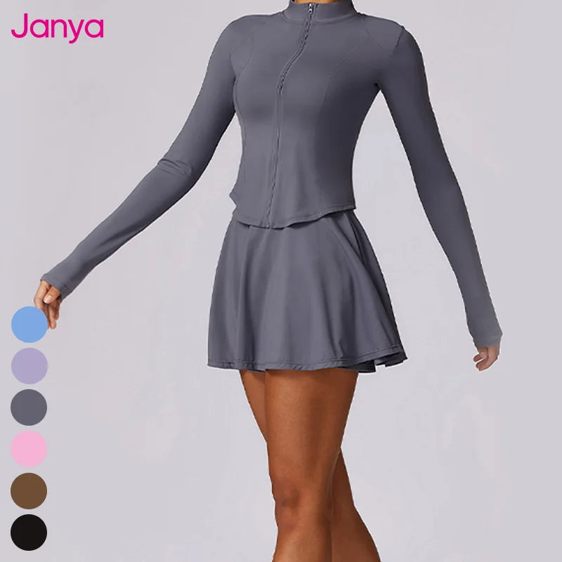 Janya Clothing Women's UPF50+ Gym Fitness Set Sun Proof Jacket Tennis Skirt SportWear Cool Fabric Yoga Set Shorts 2 Piece Sport
