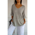 Women's Basic Slim-Fit V-Neck Full Sleeve Solid Knit Winter Front Logo Top Euro-American Style Casual Layering Sweater-2