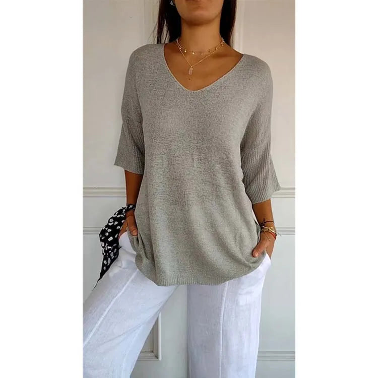 Women's Basic Slim-Fit V-Neck Full Sleeve Solid Knit Winter Front Logo Top Euro-American Style Casual Layering Sweater-2