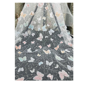 3d Butterfly Flower Mesh Fabric 100% Polyester Tulle Net Tessuto Di Pizzo Ricamato with Beads Lace Fabric for Girl's Dress