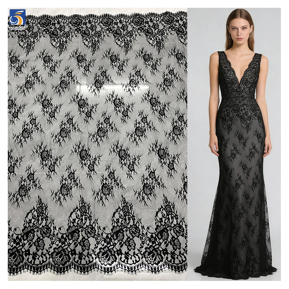 YX1295 2026 New Arrival Polyester Mesh Skirt With Lace Pure Black Eyelash Lace Fabric for Dress Woman Material MegaBDM