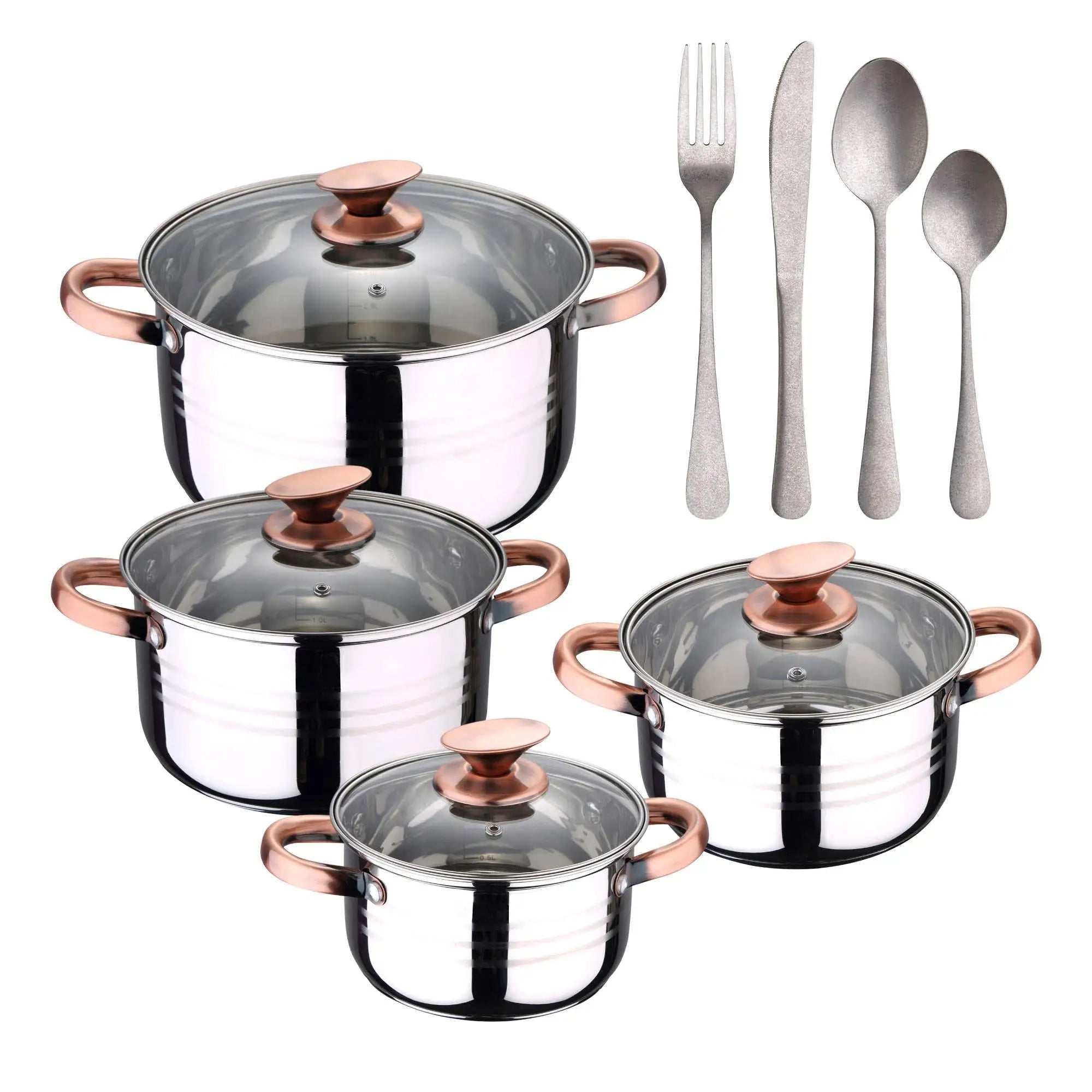 8-piece stainless steel cookware set suitable for induction San Ignacio Premium Collection + 16-piece stainless steel cutlery
