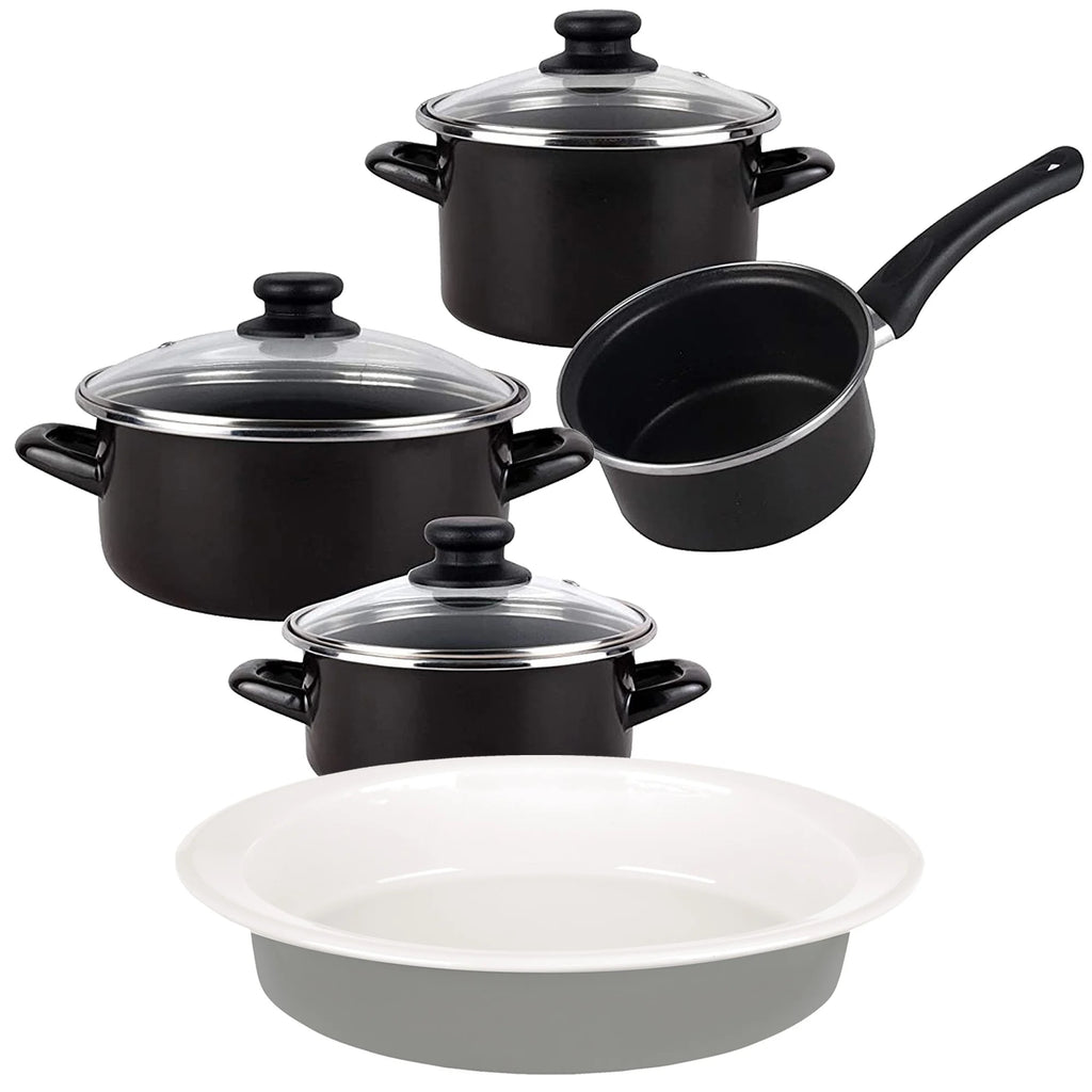 7-piece Magefesa vitreous enamelled steel cookware set suitable for induction hobs with 36cm oval stoneware dish Masterpro