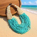 Women Western Bohemian Ethnic Exaggerate Necklace Coconu Buckle Wax Rope Blue Handwoven 30 Level Layer Rice Bead Necklace