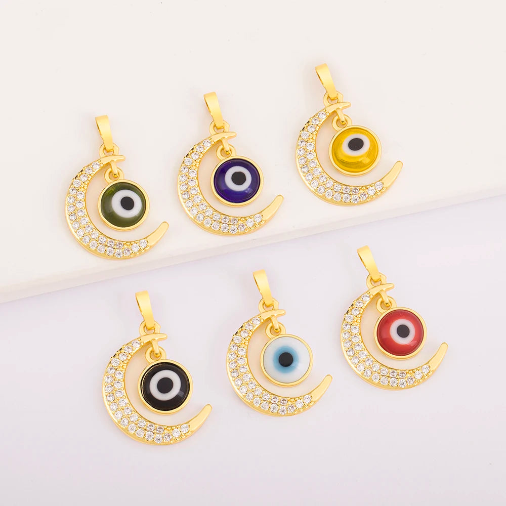 QIKU Classic Children's Copper Gold Plated Zircon Eye of Evil Crescent Turkish Jewish Pendant for Jewelry Making
