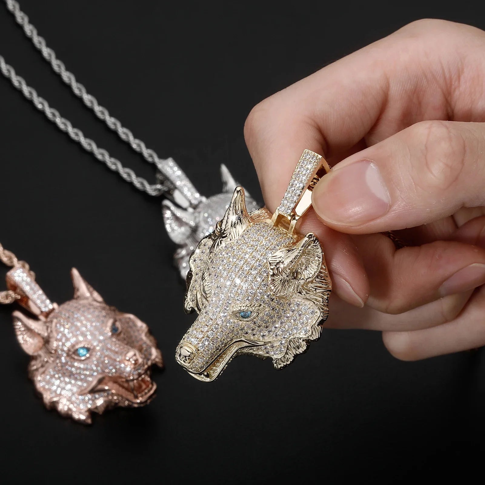 Brass Gold Rhodium Plated Wolf Head Pendant Necklace Lab Created Cubic Zirconia Hip Hop Animal Charm for Women