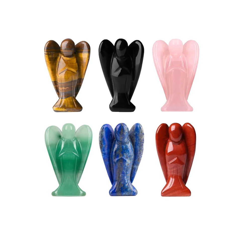1.5" Hand Carved Gemstone Pray Angel Statue Healing Crystal Rose Quartz Tiger Eye Aventurine Obsidian Angel Figurine Decora