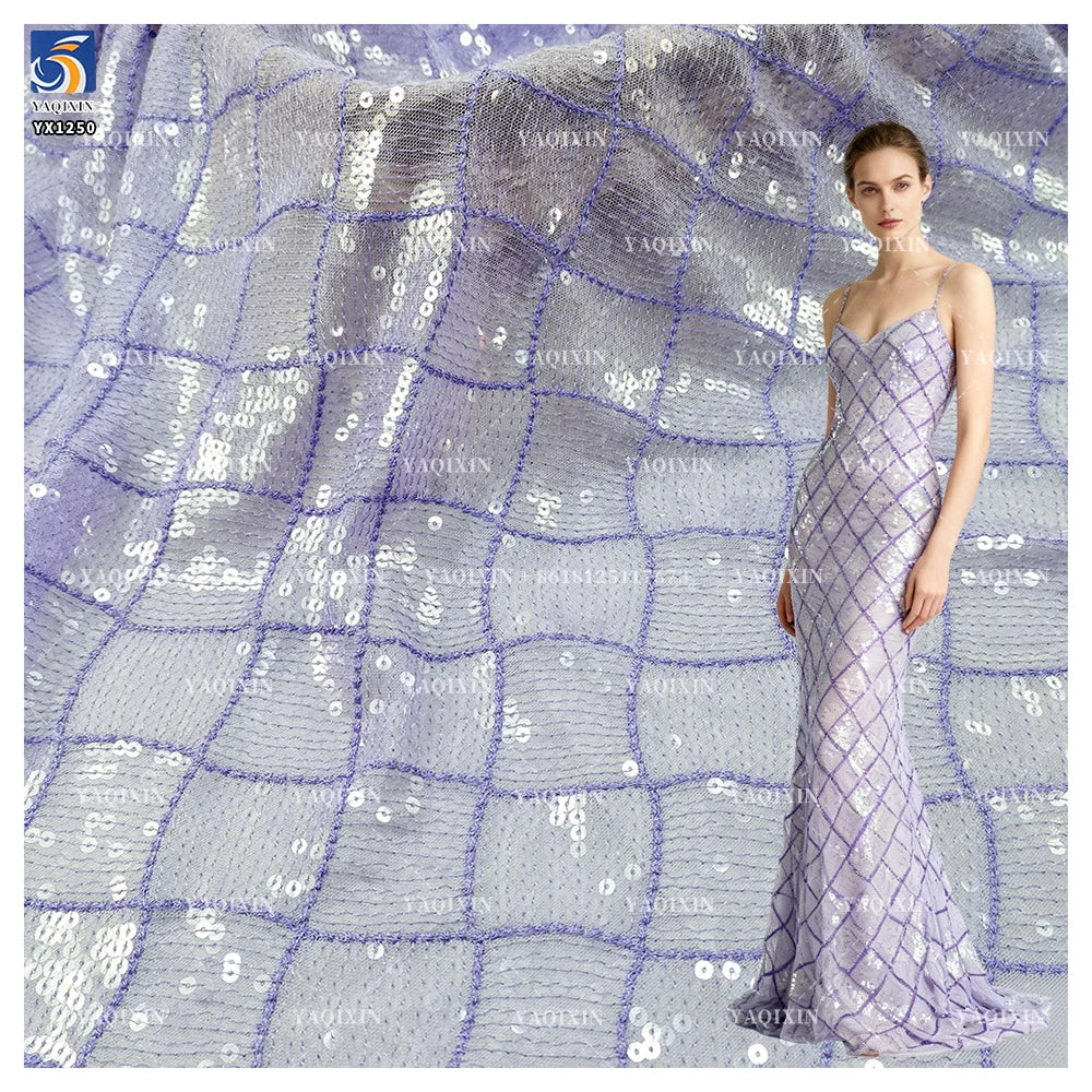 YX1250 Lavender Purple 5mm Sequin Mesh Fabric Crystal Sheet Clear Checkered Embroidered Knit Sequin Trendy Clothing Fabrics
