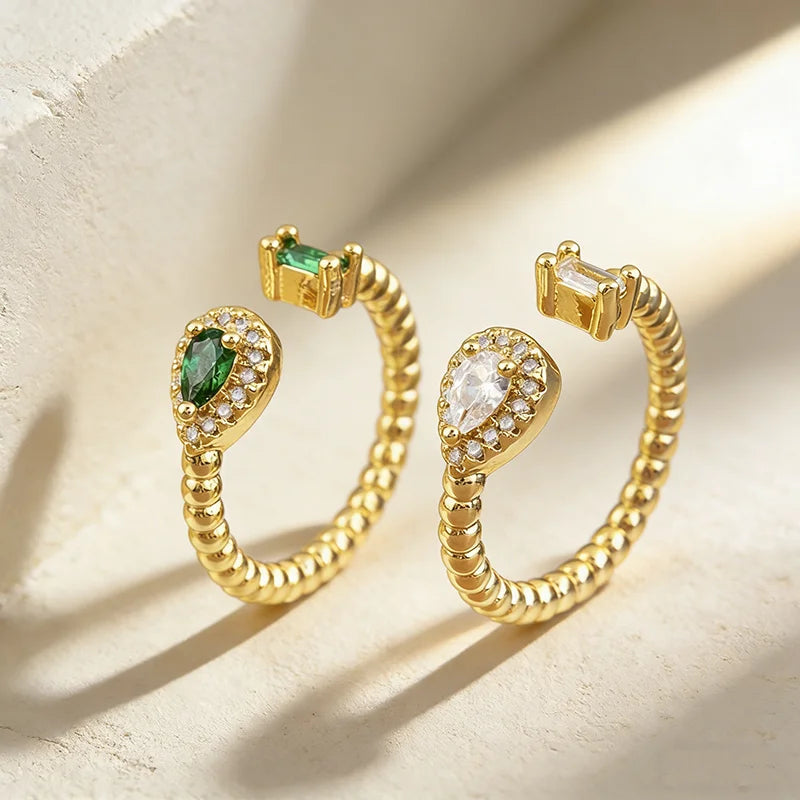 QIKU Bohemia Rectangle Water Droplet 4 Color Rhinestone Opening Rings 18K Gold Plated Copper Zircon Trendy Wedding Party Jewelry