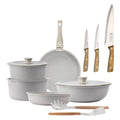 10-Piece Beige Cookware Set with Removable Handles 3 Frying Pans 2 Saucepans Lids and Utensils + Set of 3 Stainless Steel