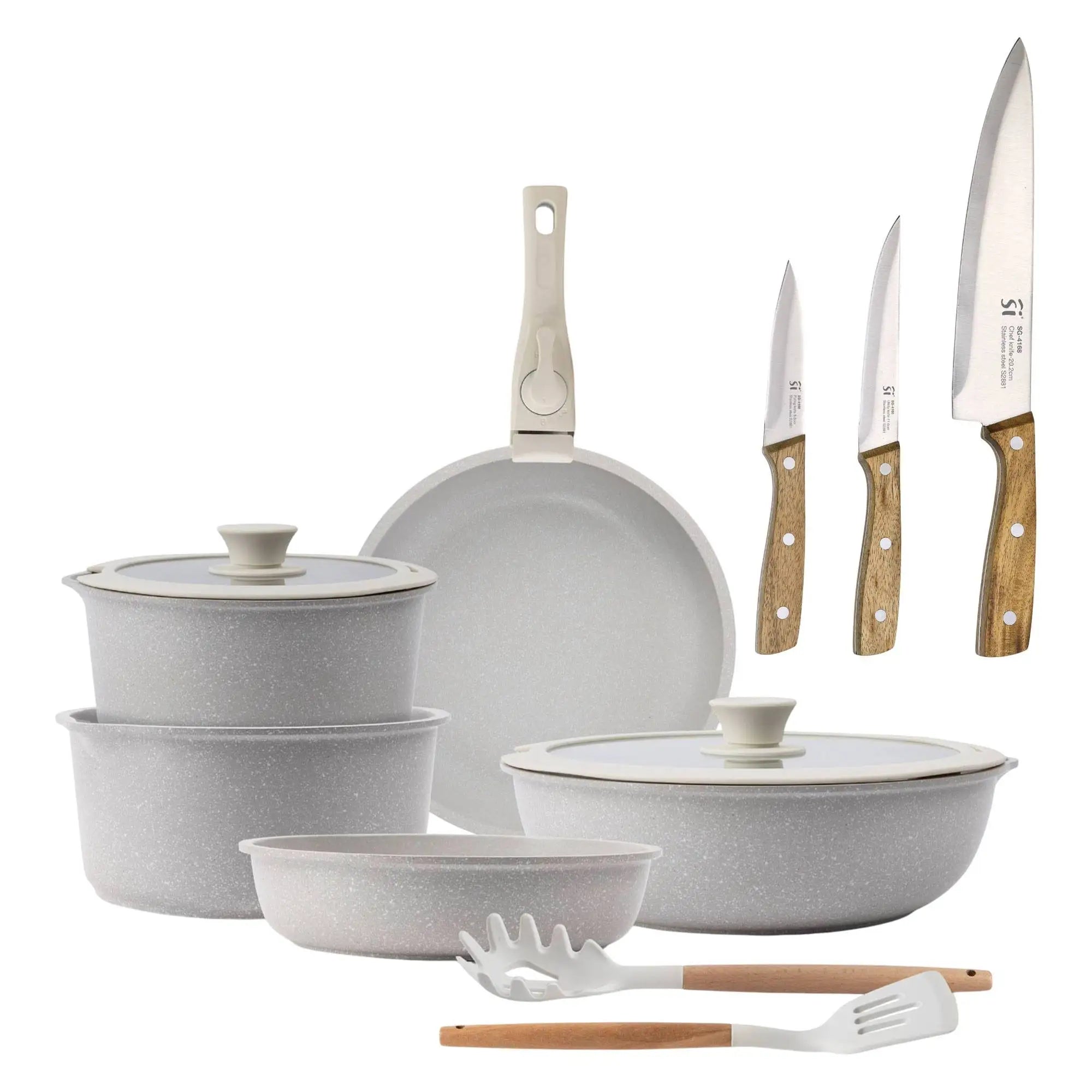 10-Piece Beige Cookware Set with Removable Handles 3 Frying Pans 2 Saucepans Lids and Utensils + Set of 3 Stainless Steel