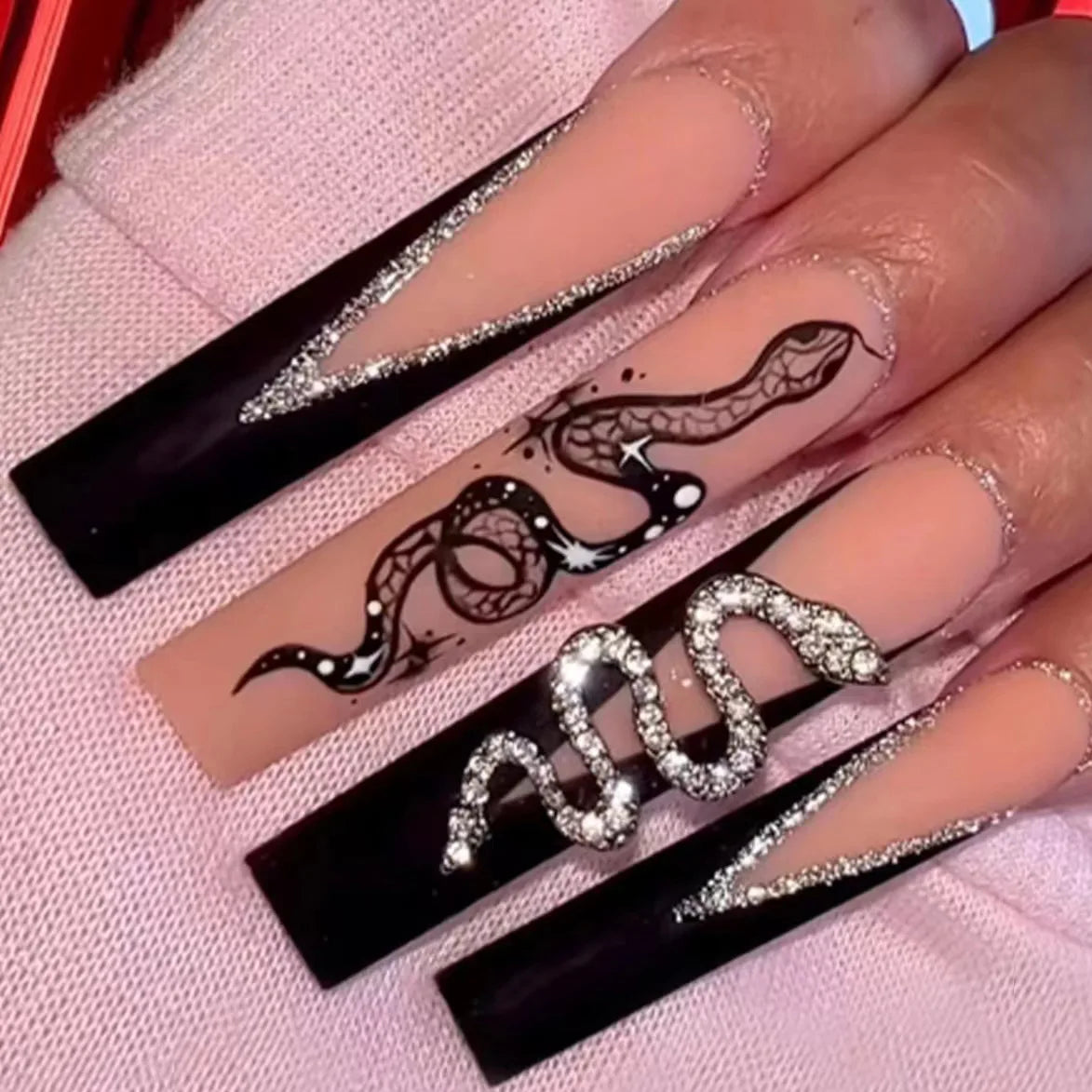 Factory Wholesale French Design ABS Coffin Press Nails Long Snake Ornament Nail File for Toes Short Size for Finger Elegant